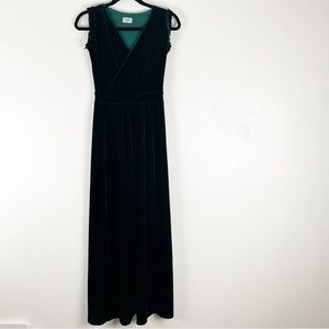 DESIR COUTURE  Emerald Green Velvet Side Split Pleated Waist Maxi Dress Small
